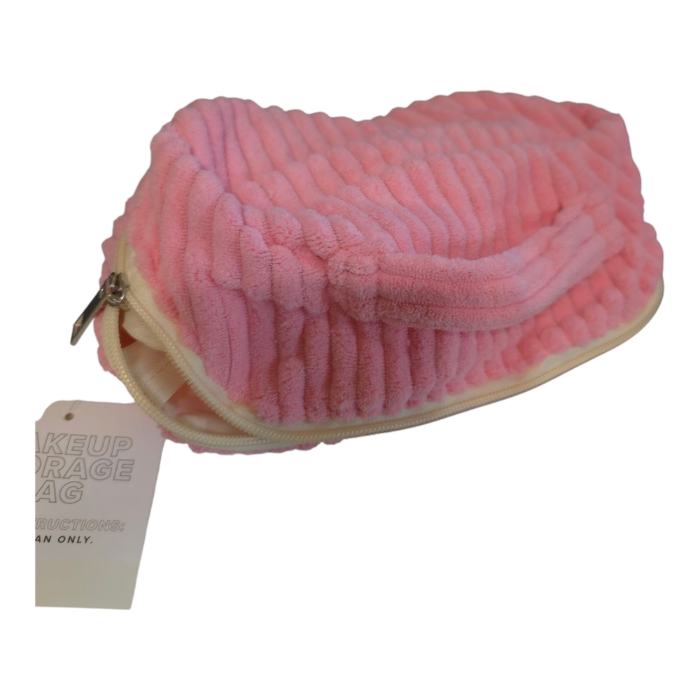 Cosmetic Bag Women's Pink Plush Top Handle Zippered Closure With Compartments - Picture 7 of 9